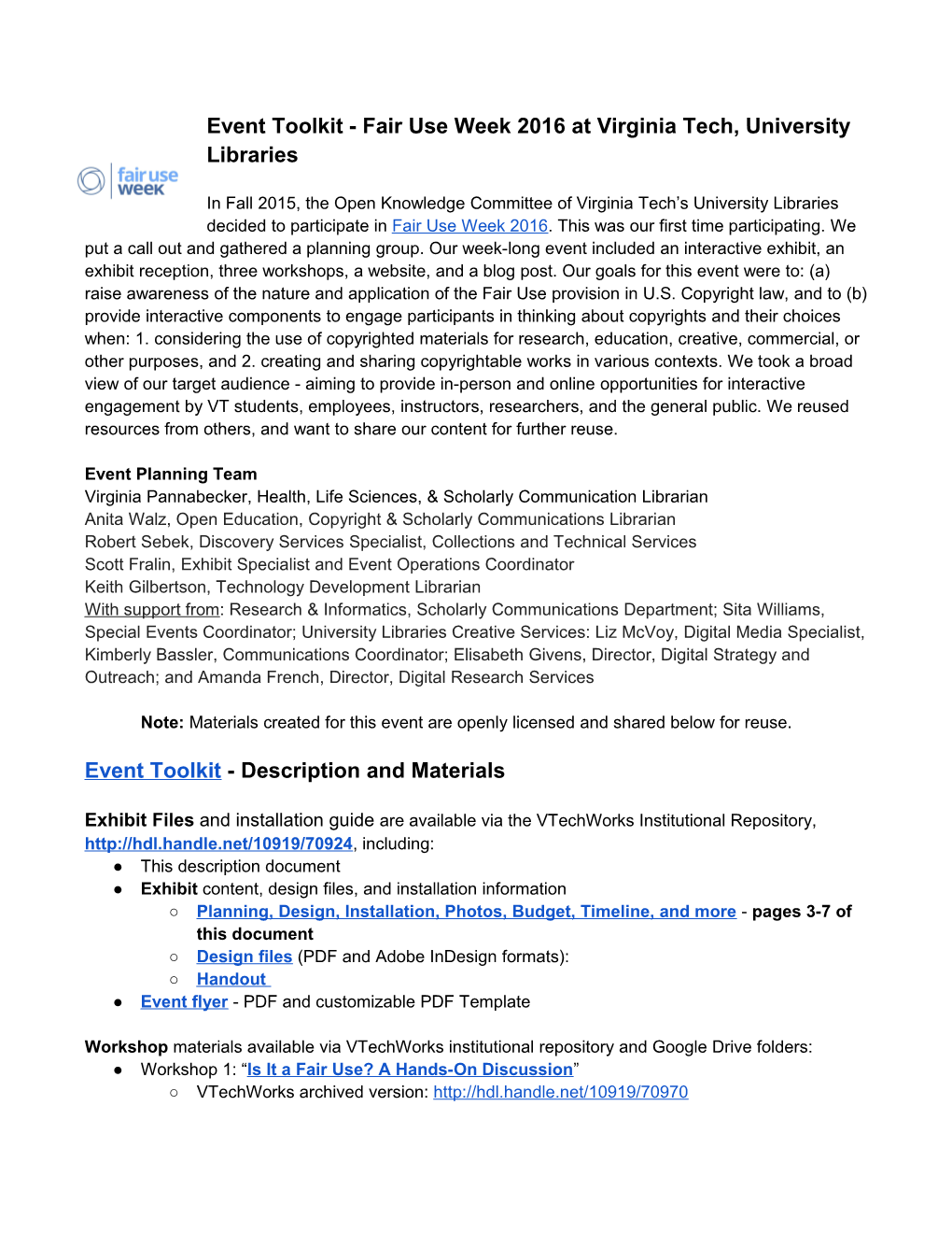 Event Toolkit - Fair Use Week 2016 at Virginia Tech, University Libraries