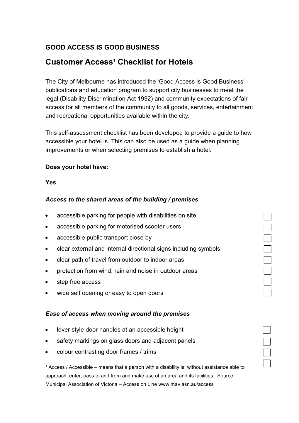 Customer Access Checklist for Hotels