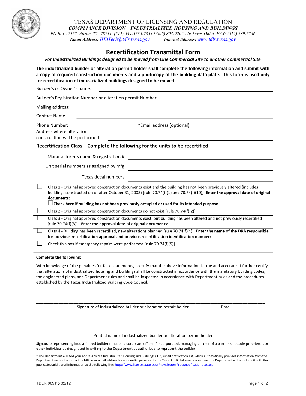 Recertification Transmittal Sheet