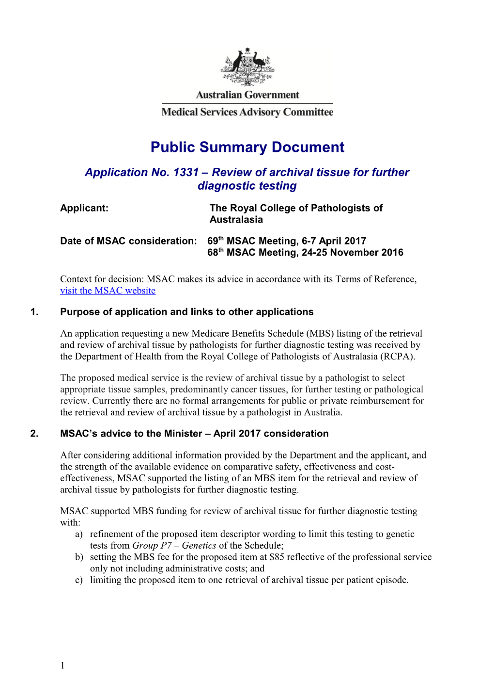 Application No. 1331 Review of Archival Tissue for Further Diagnostic Testing