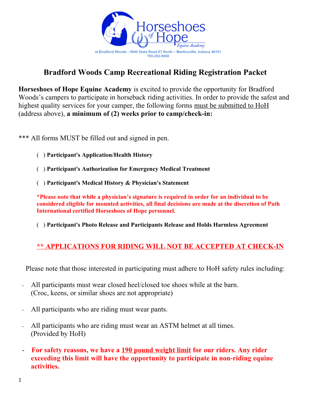 Bradford Woods Camp Recreational Riding Registration Packet
