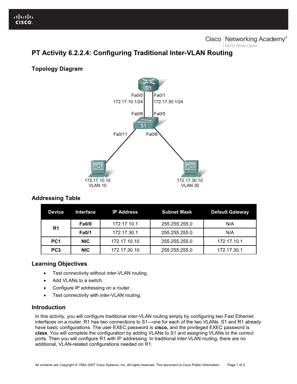 PT Activity 6.2.2.4: Configuring Traditional Inter-VLAN Routing