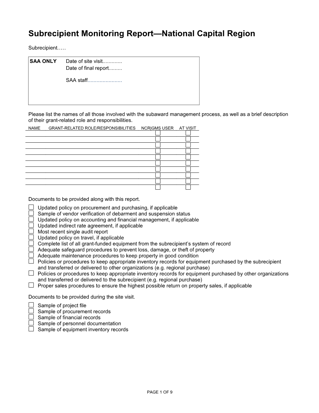 Subrecipient Monitoring Report National Capital Region