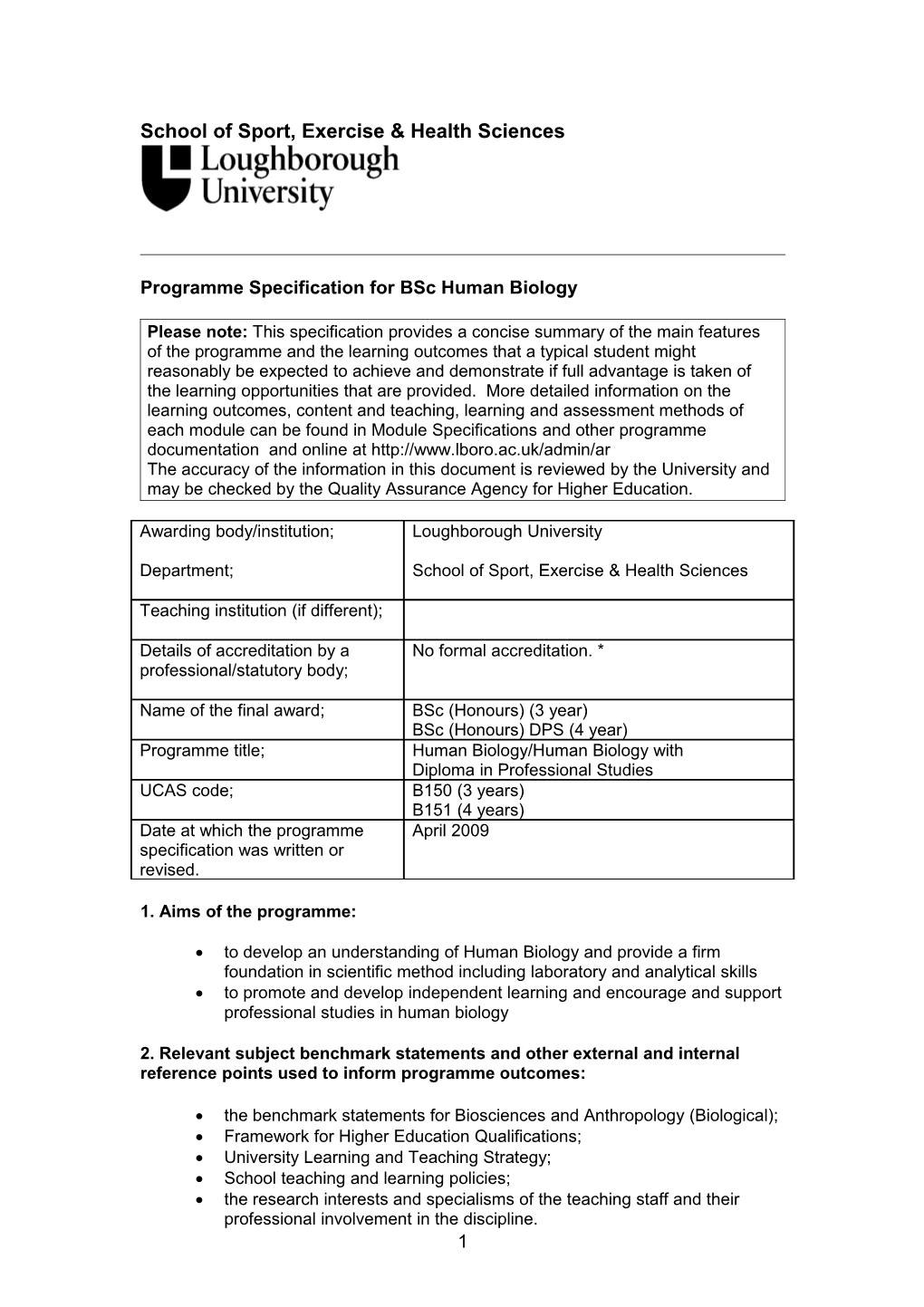 Programme Specification for Bsc Human Biology