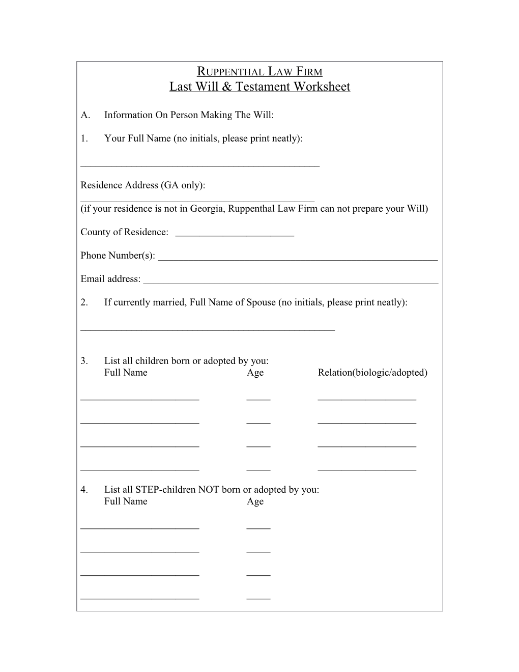 Last Will & Testament Worksheet