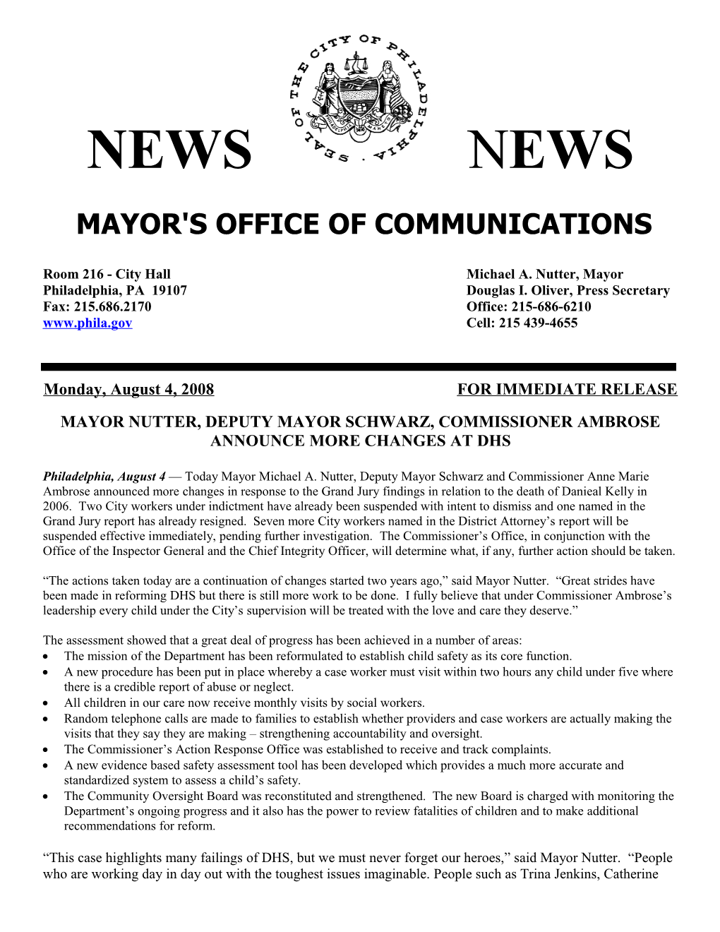 Mayor Nutter, Deputy Mayor Schwarz, Commissioner Ambrose Announce More Changes at Dhs