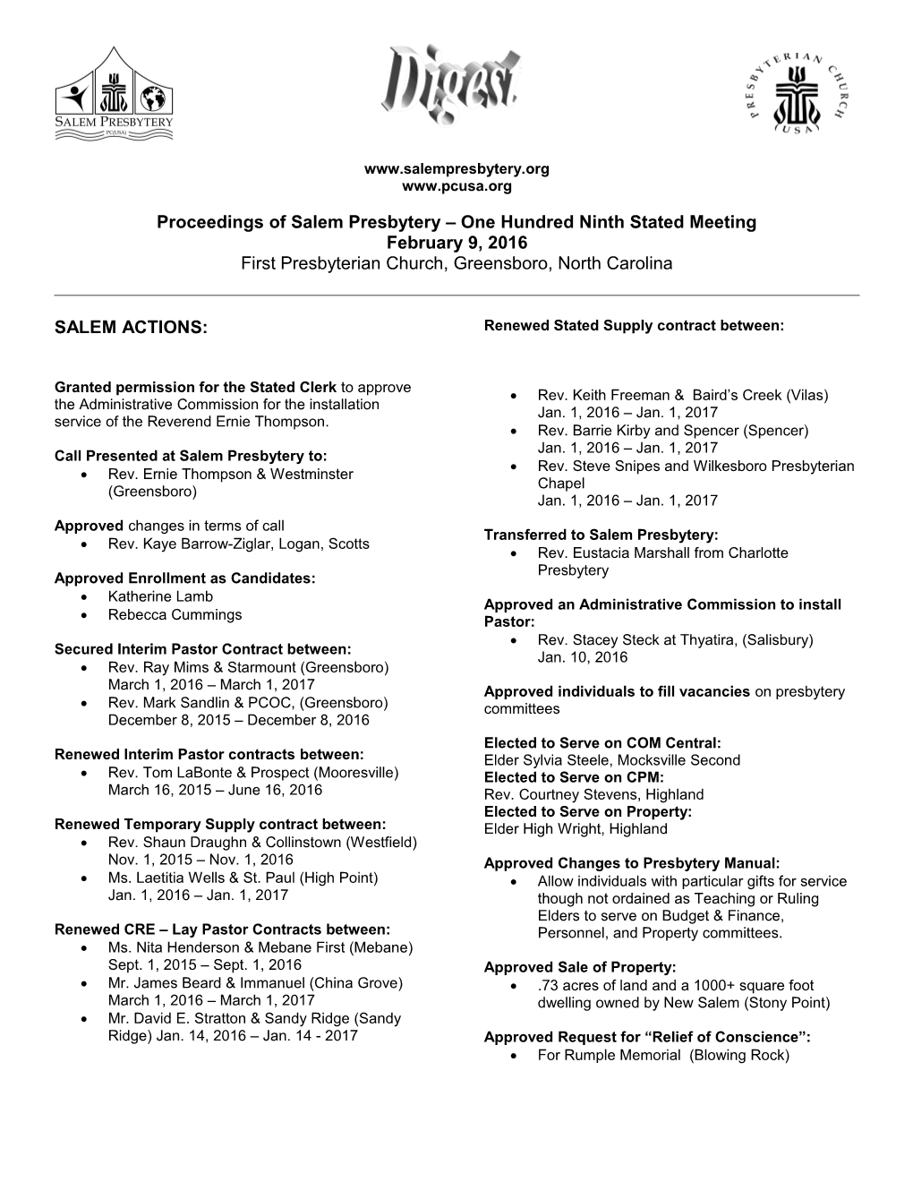 Proceedings of Salem Presbytery One Hundred Ninth Stated Meeting
