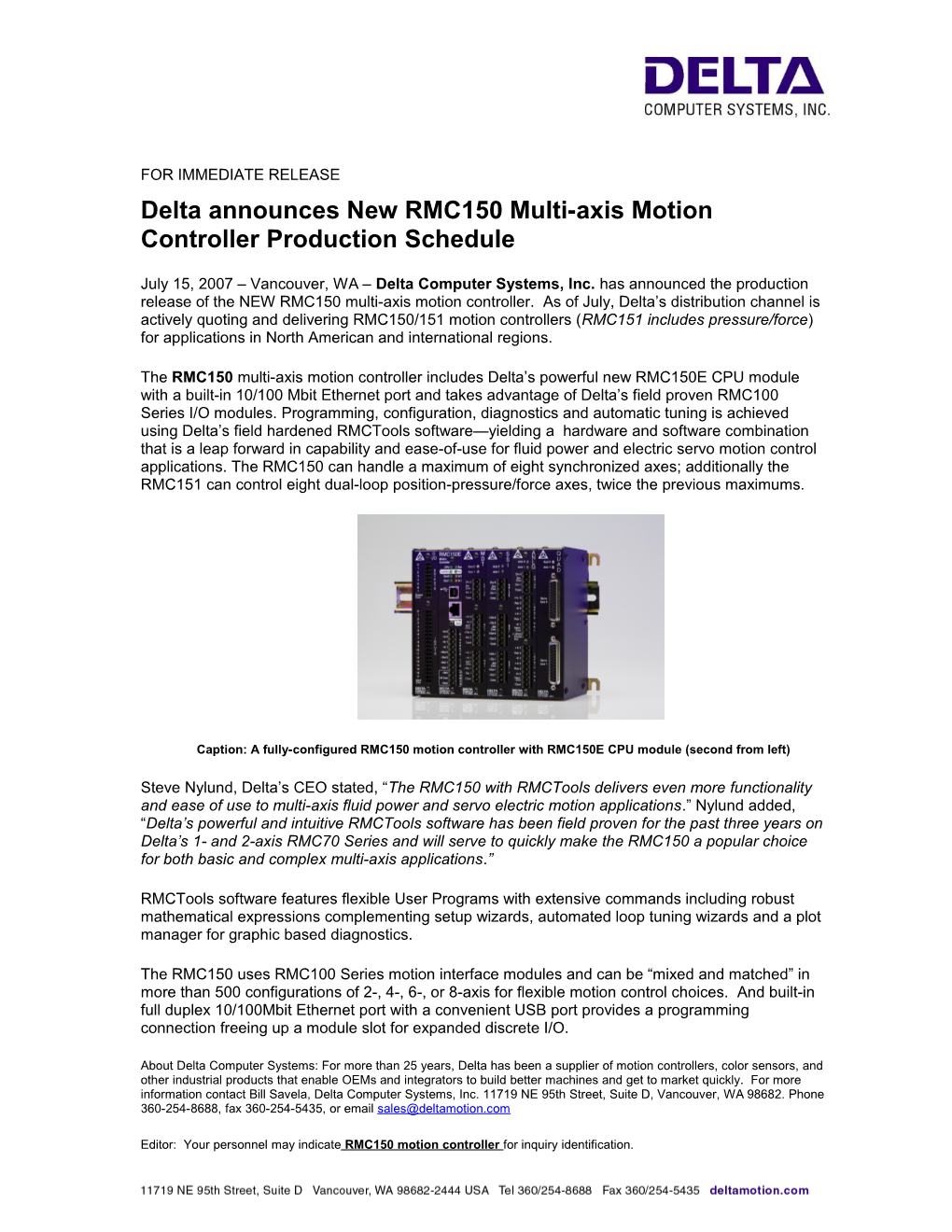 Delta Announces New RMC150 Multi-Axis Motion Controllerproduction Schedule