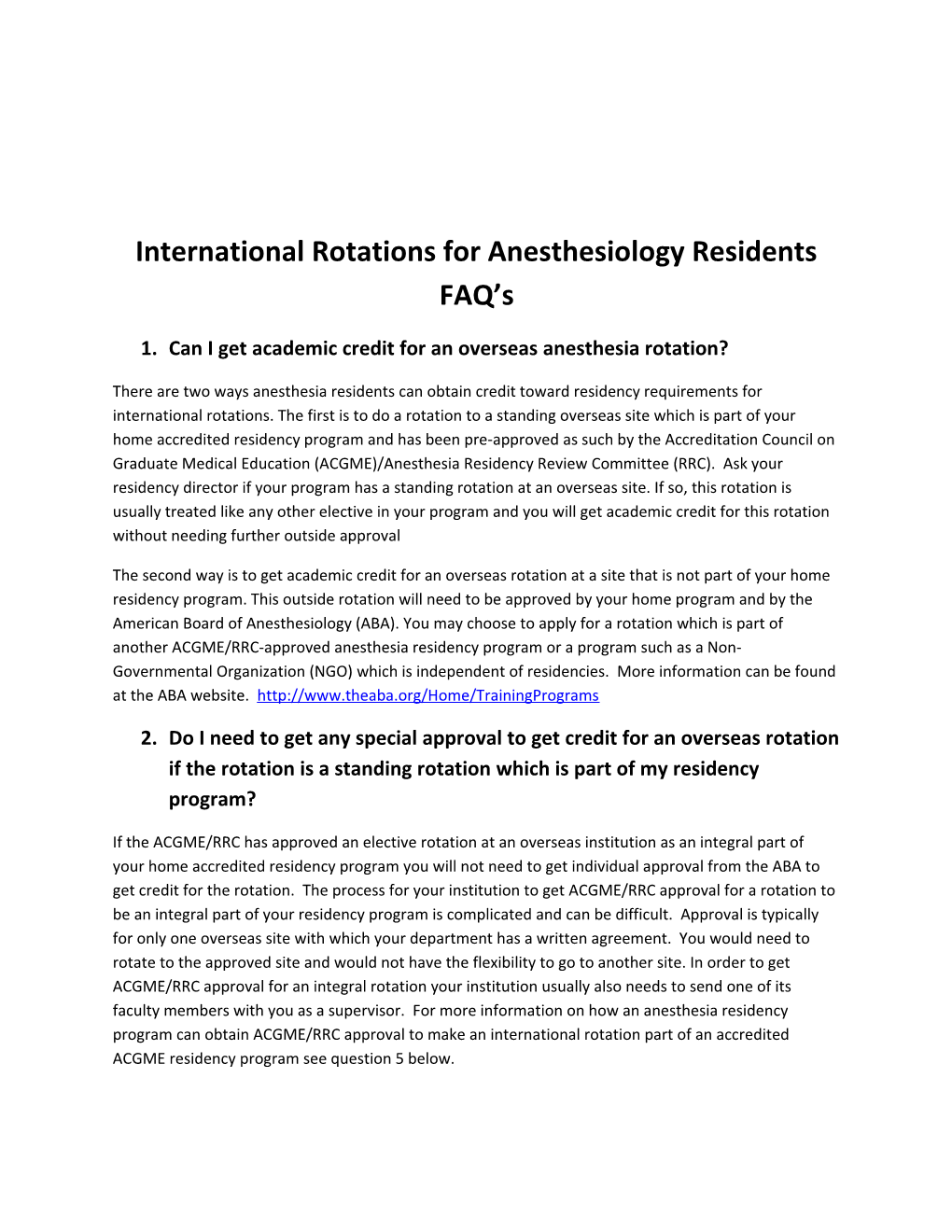 International Rotations for Anesthesiology Residentsfaq S