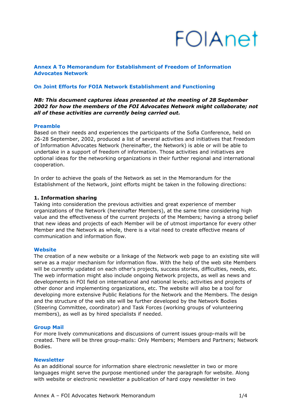 Annex a to Memorandum for Establishment of Freedom of Information Advocates Network