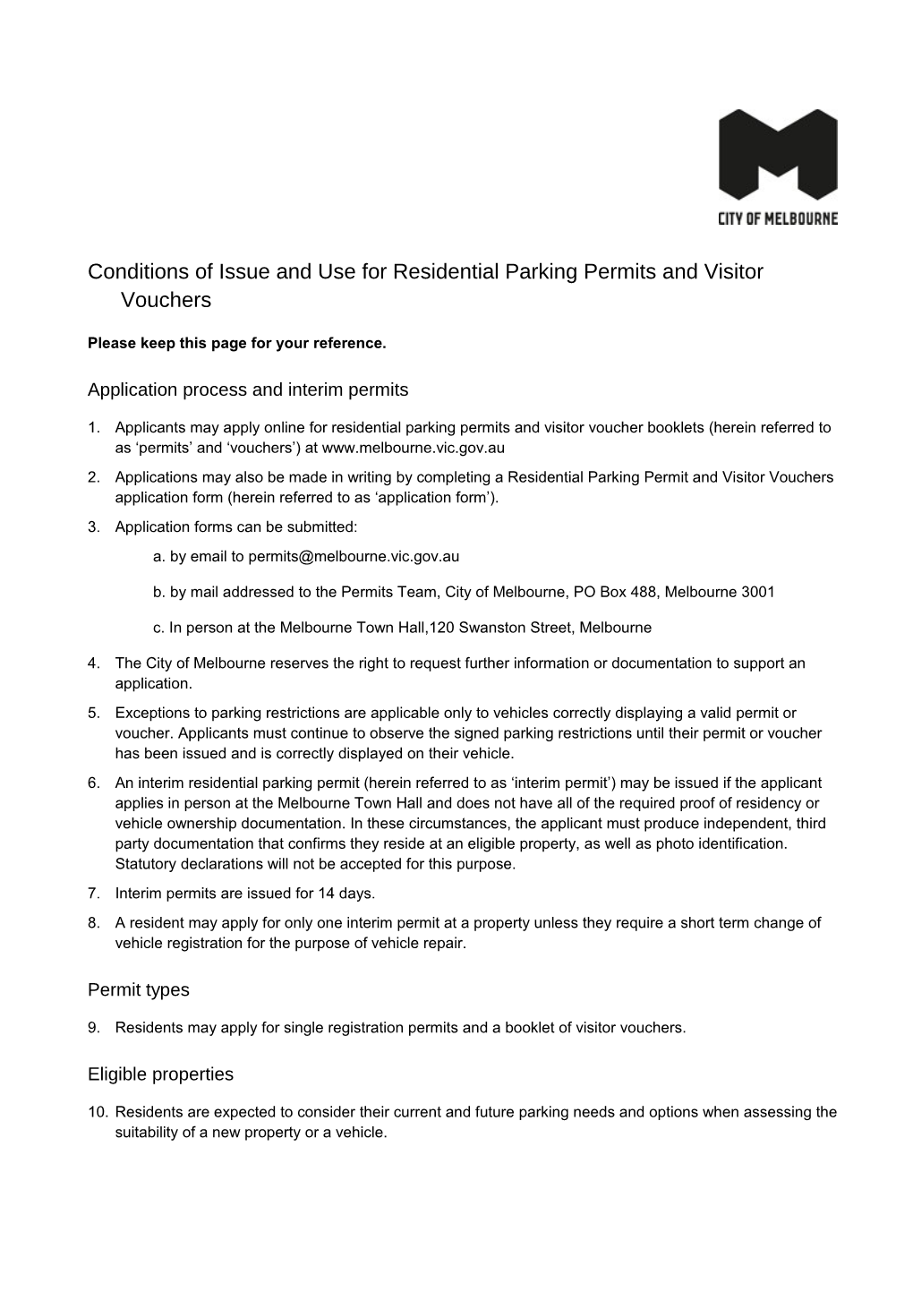 Conditions of Issue and Use for Residential Parking Permits and Visitor Vouchers: Parkville