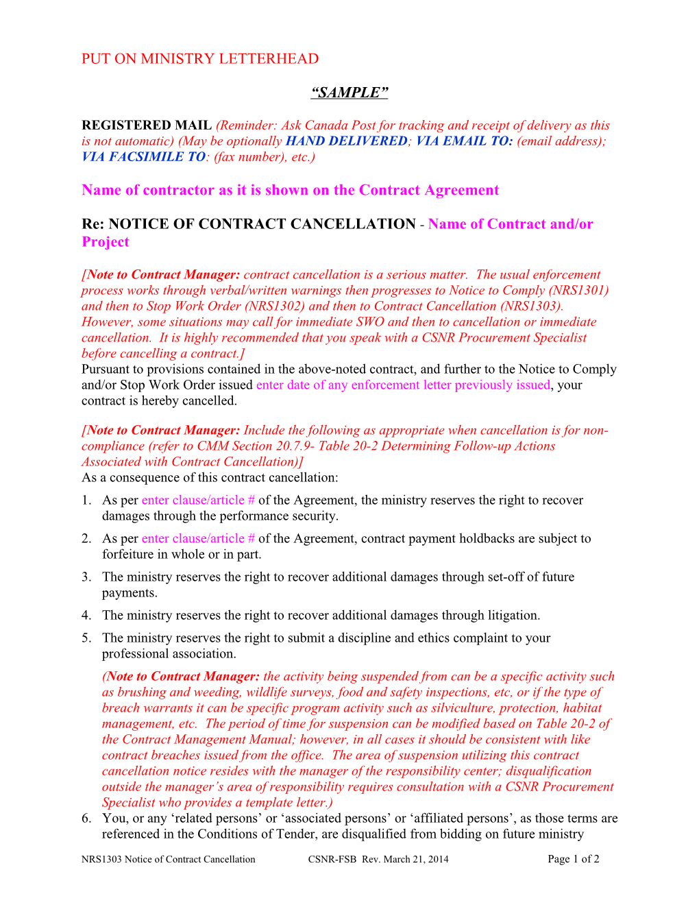 SAMPLE - Notice of Contract Cancellation