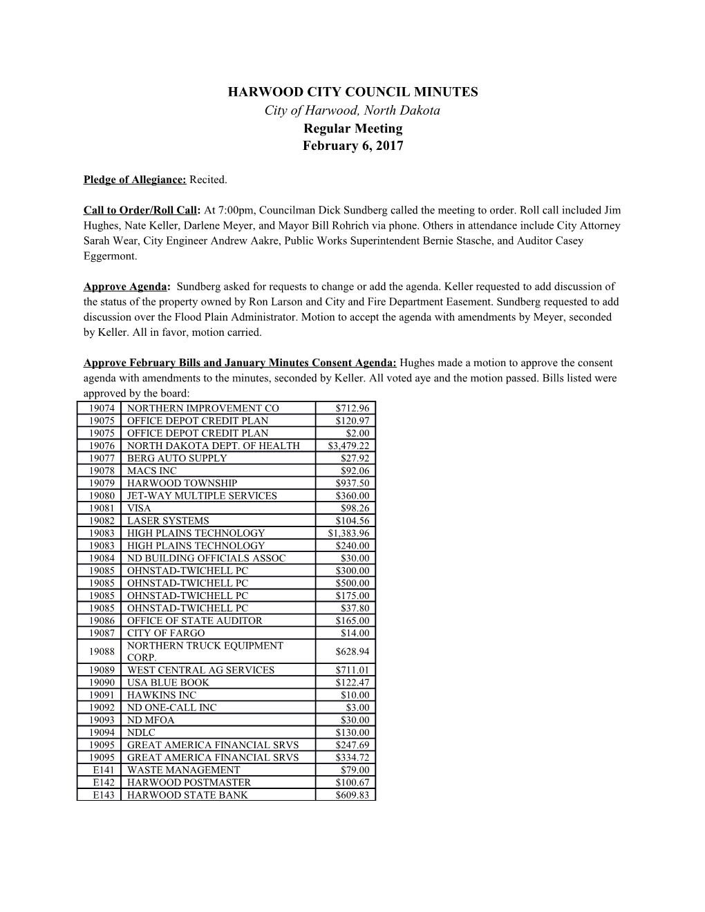 Harwood City Council Minutes