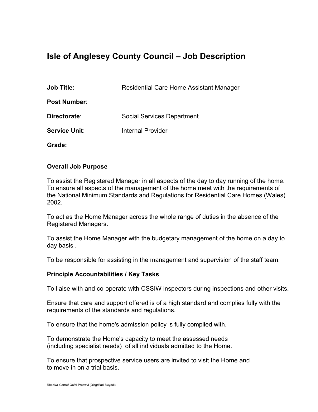 Isle of Anglesey County Council Job Description