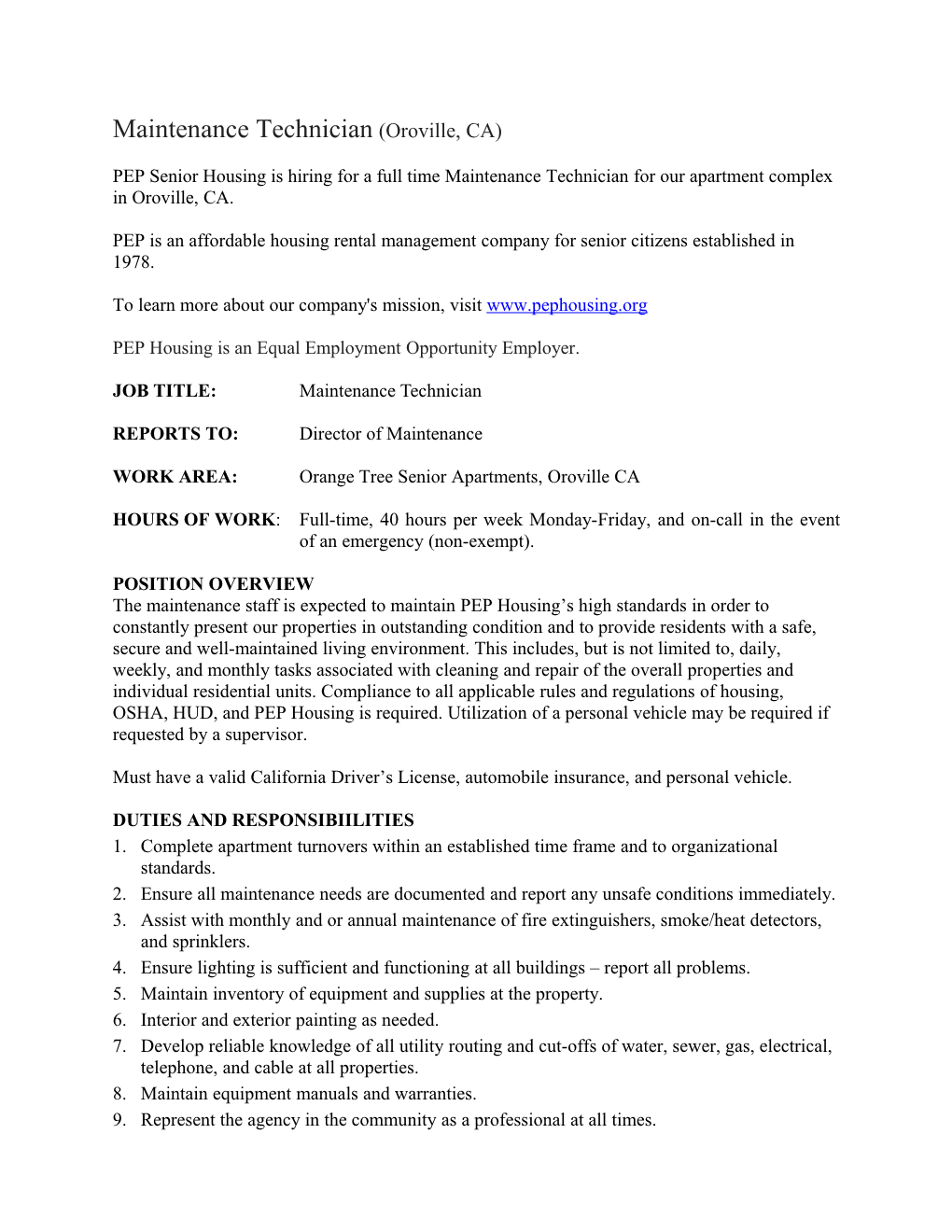 Maintenance Technician(Oroville, CA)