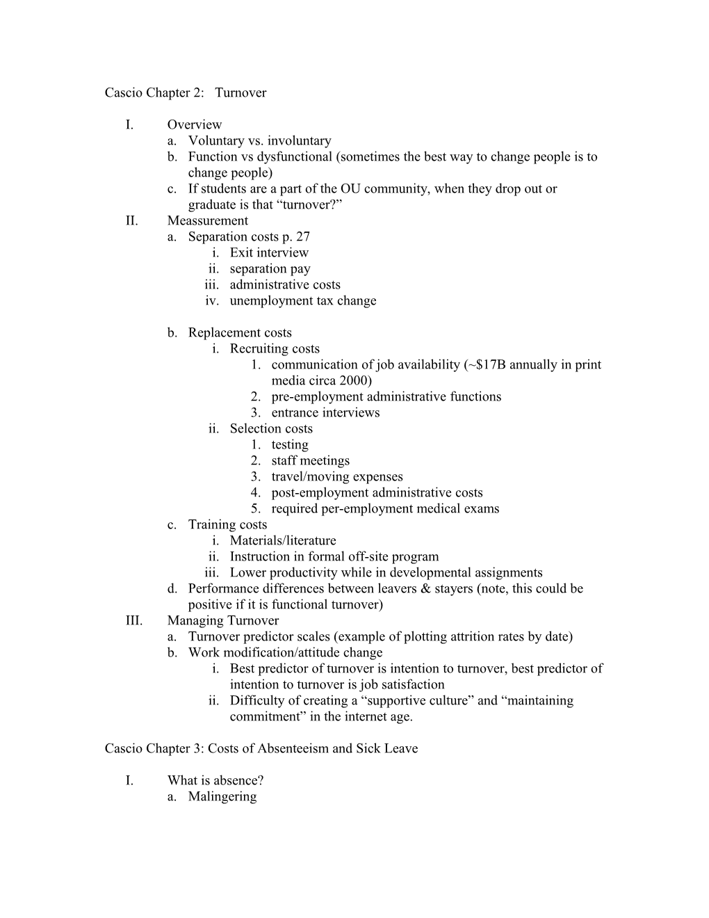 Cascio Chapter 3:Costs of Absenteeism and Sick Leave