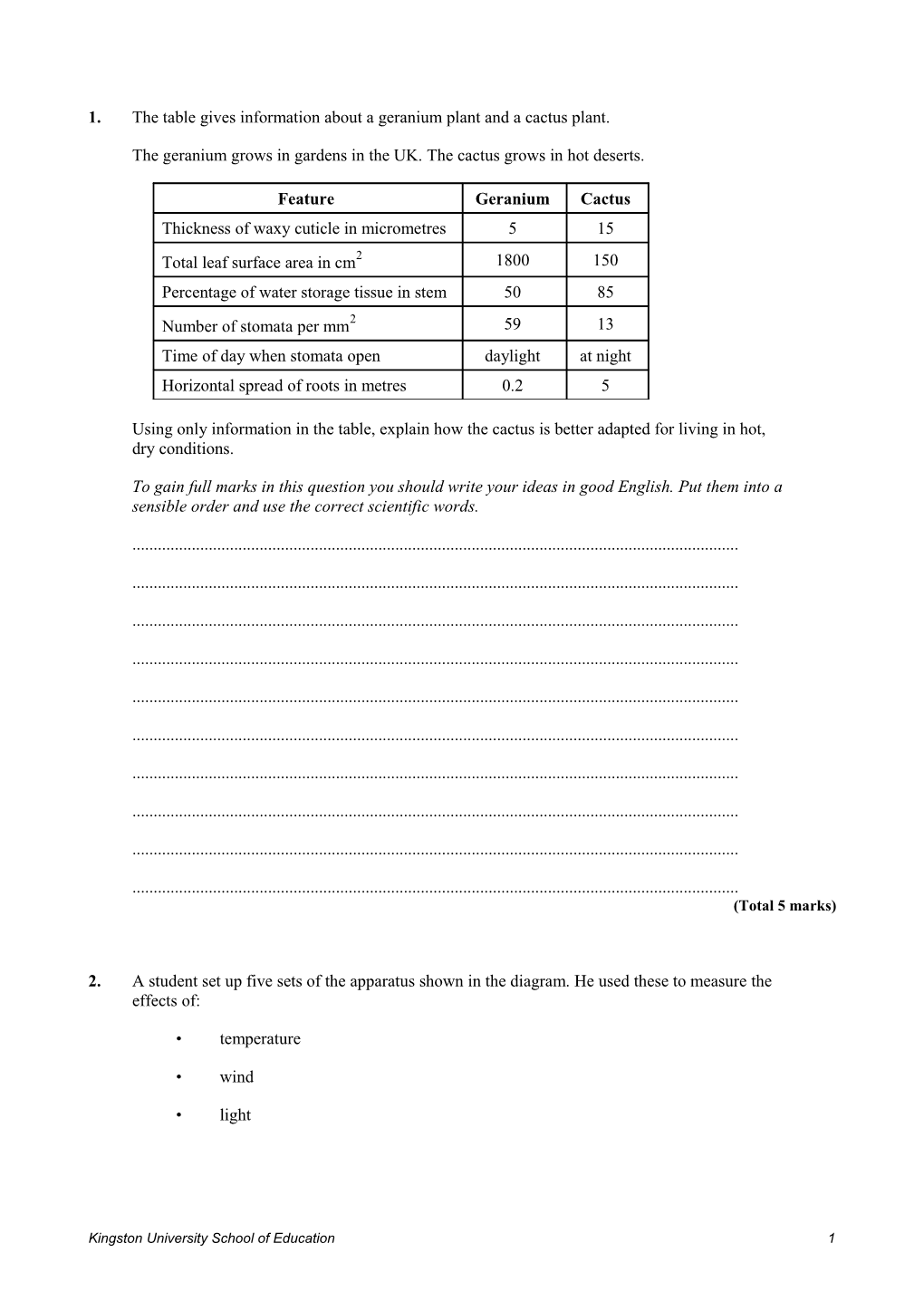 1.The Table Gives Information About a Geranium Plant and a Cactus Plant