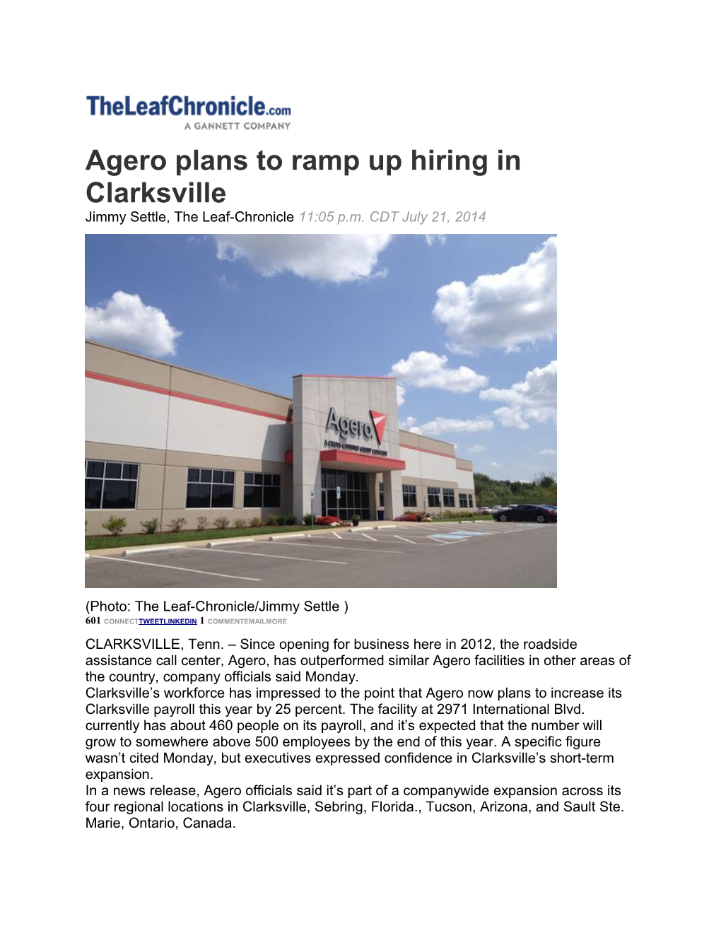 Agero Plans to Ramp up Hiring in Clarksville