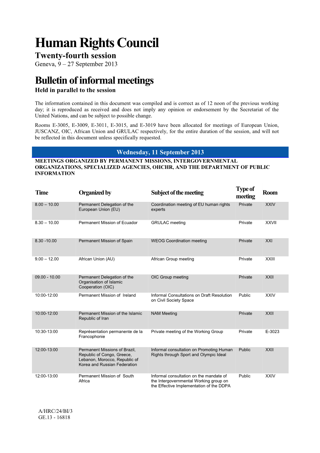 Bulletin of Informal Meetings, Wednesday 11 September 2013