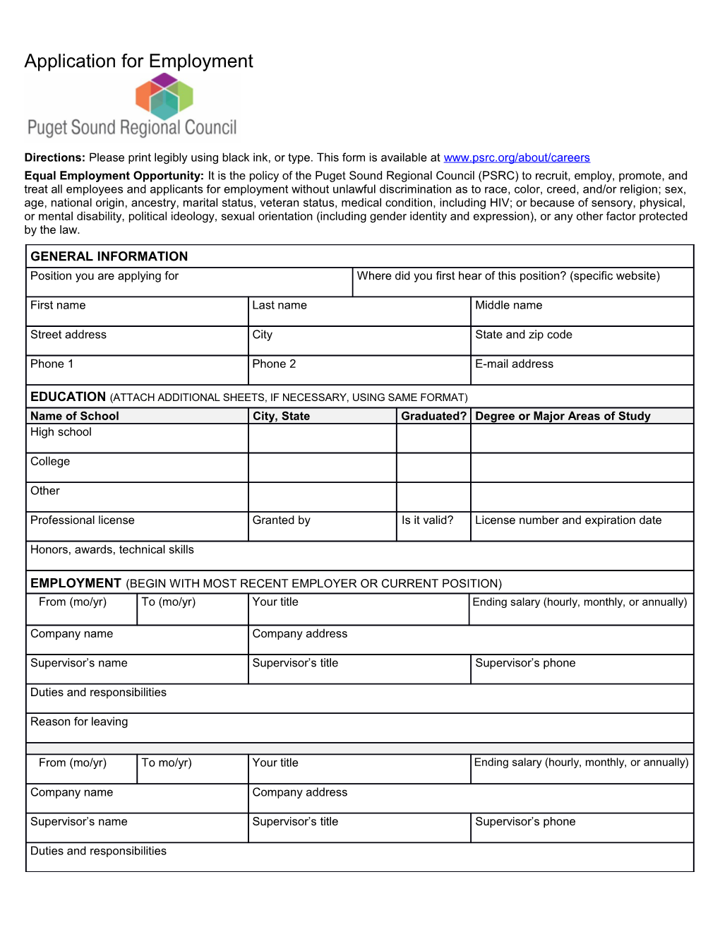 PSRC Employment Application