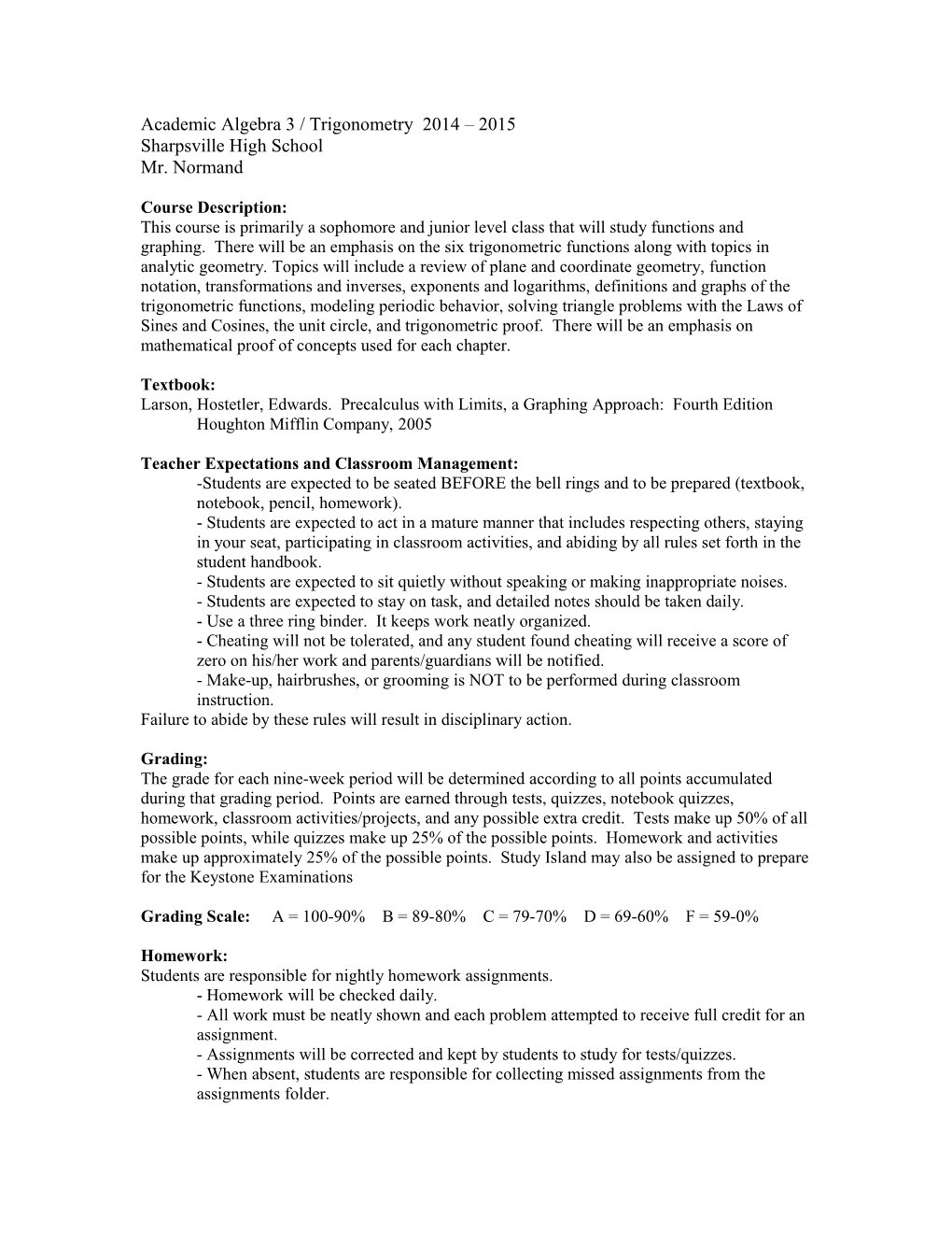 Academic Algebra 3 / Trigonometry 2014 2015