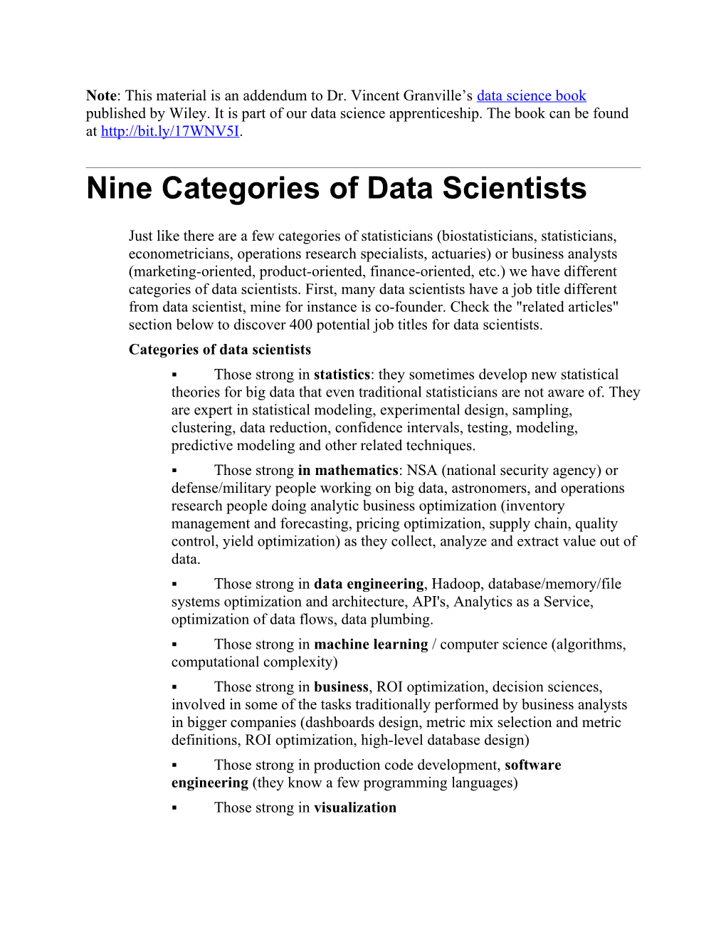 Nine Categories of Data Scientists