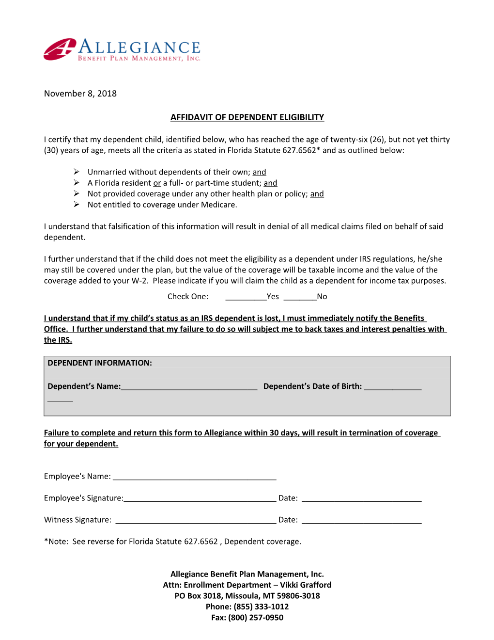 Affidavit of Dependent Eligibility