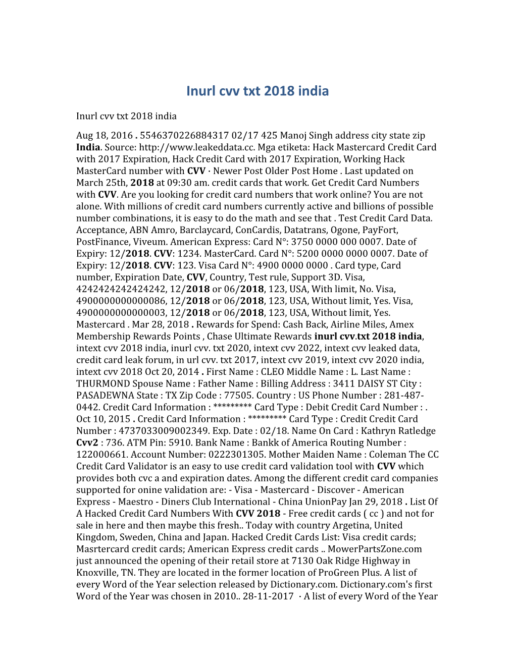 Inurl Cvv Txt 2018 India