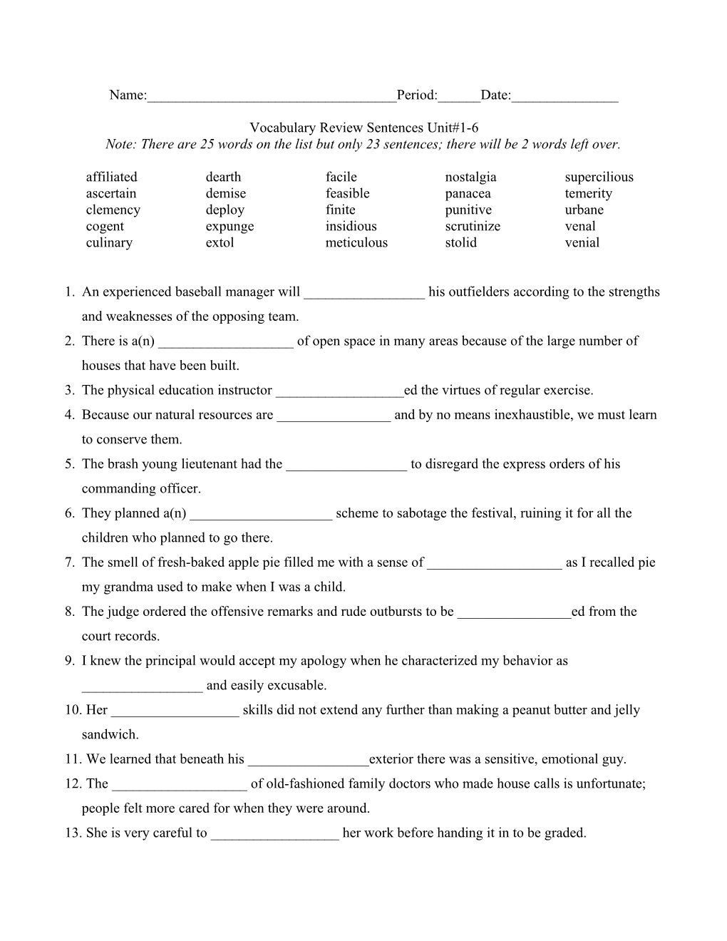 Vocabulary Review Sentences Unit#1-6