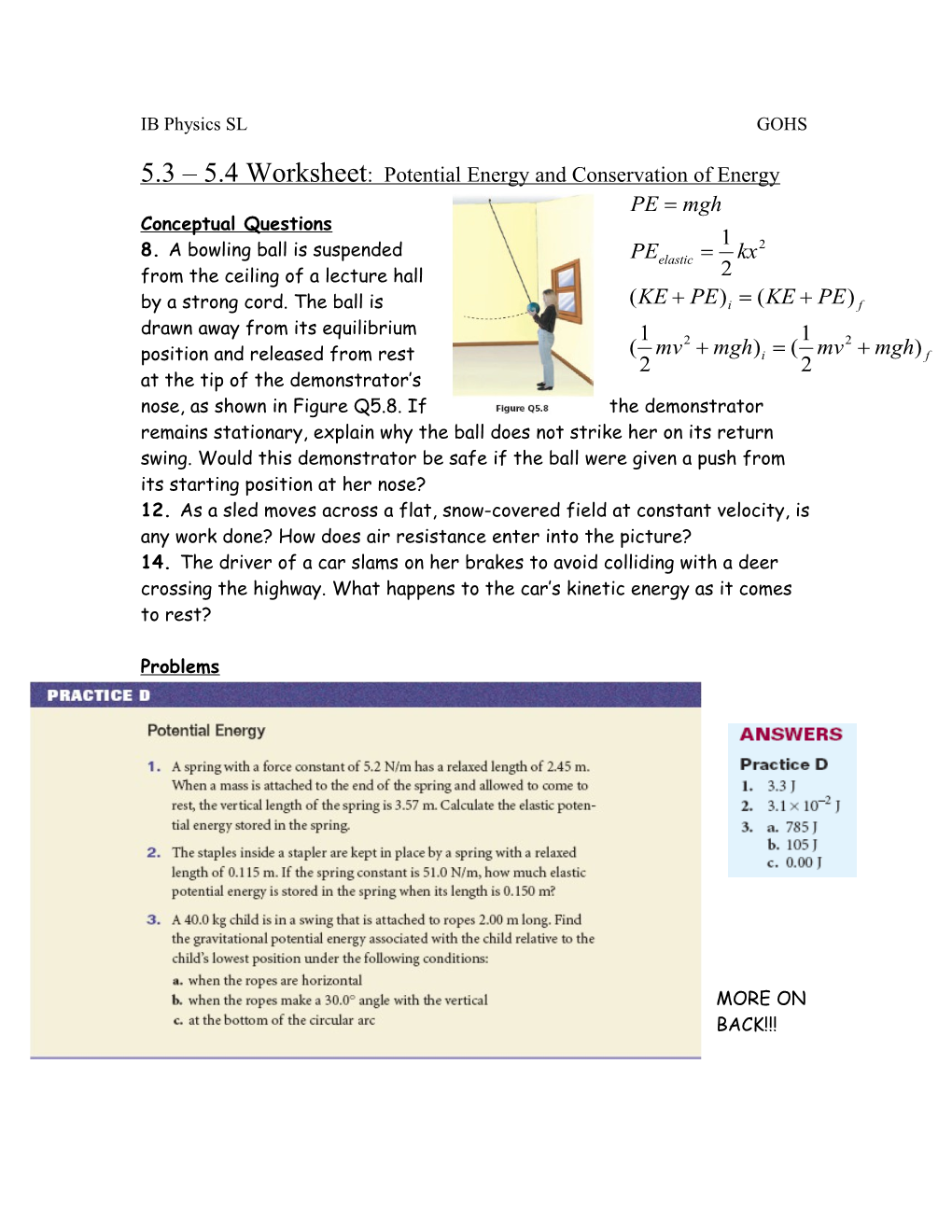 5.3 5.4 Worksheet: Potential Energy and Conservation of Energy