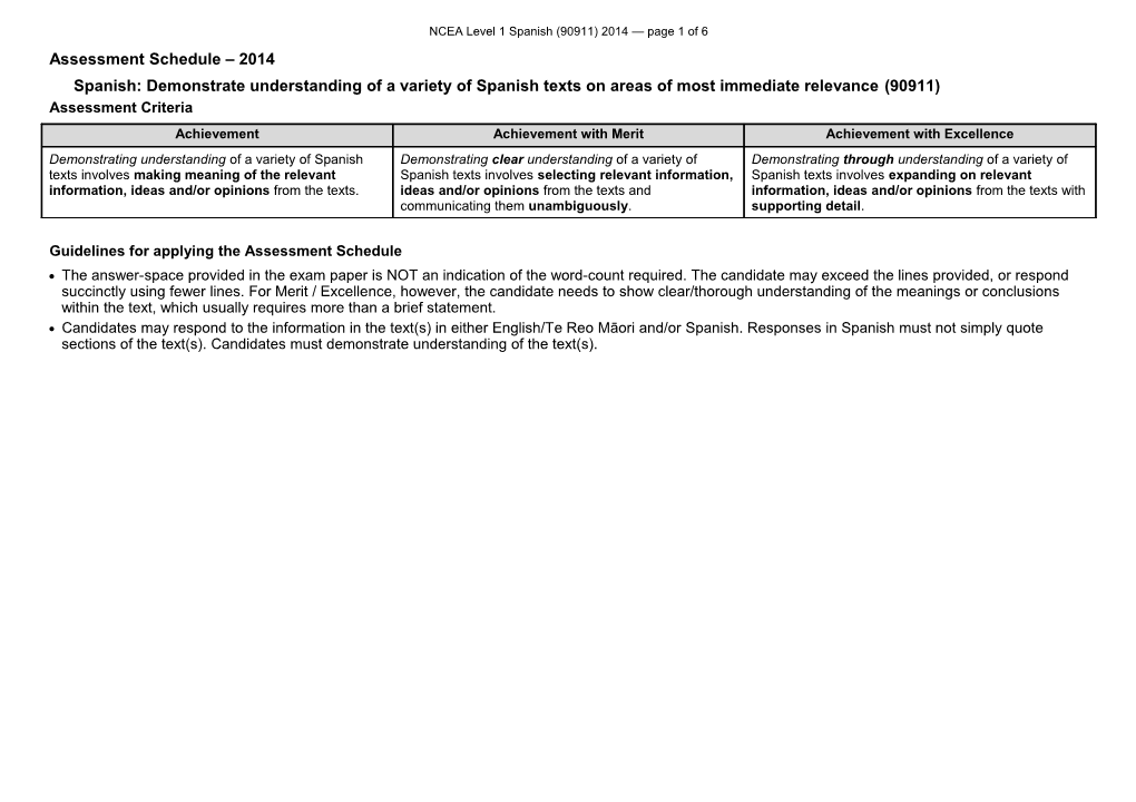 NCEA Level 1 Spanish (90911) 2014 Assessment Schedule