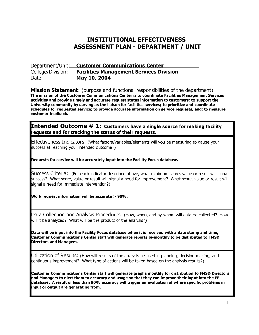 Assessment Plan - Department / Unit