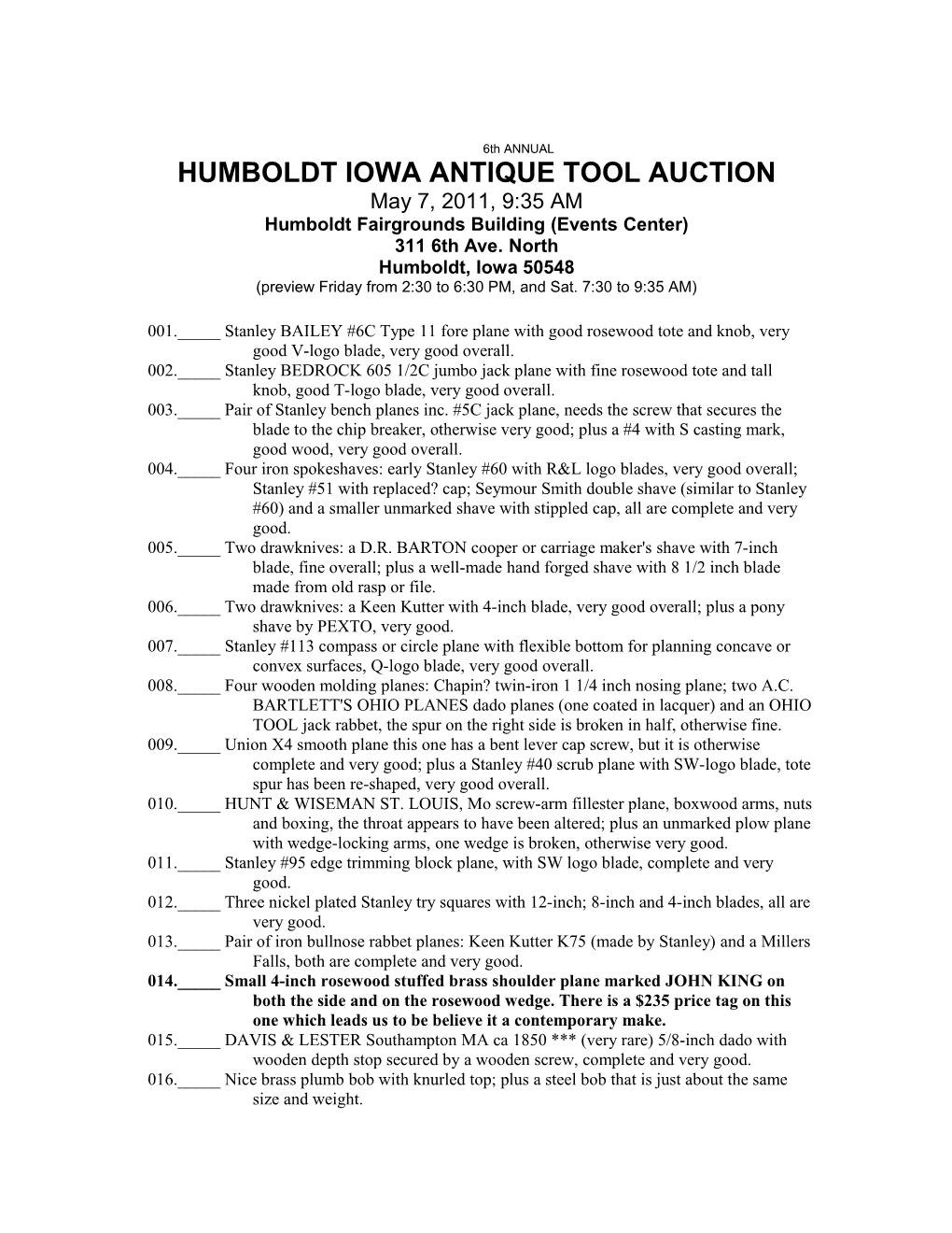 Humboldt Iowa Antique Tool Auction