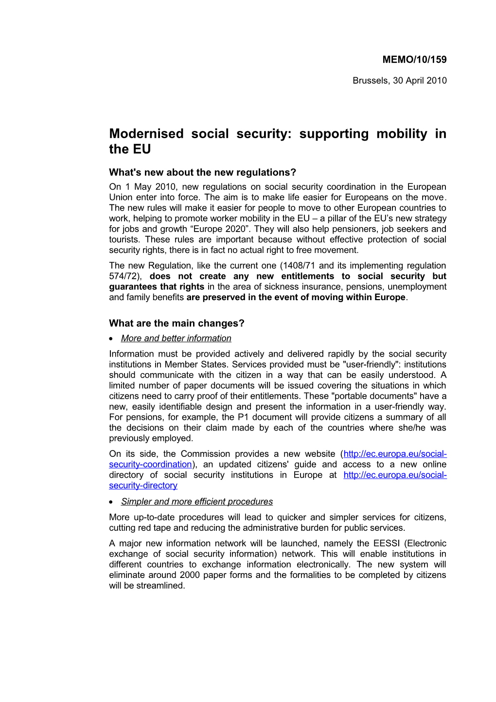 Modernised Social Security:Supporting Mobility in the EU