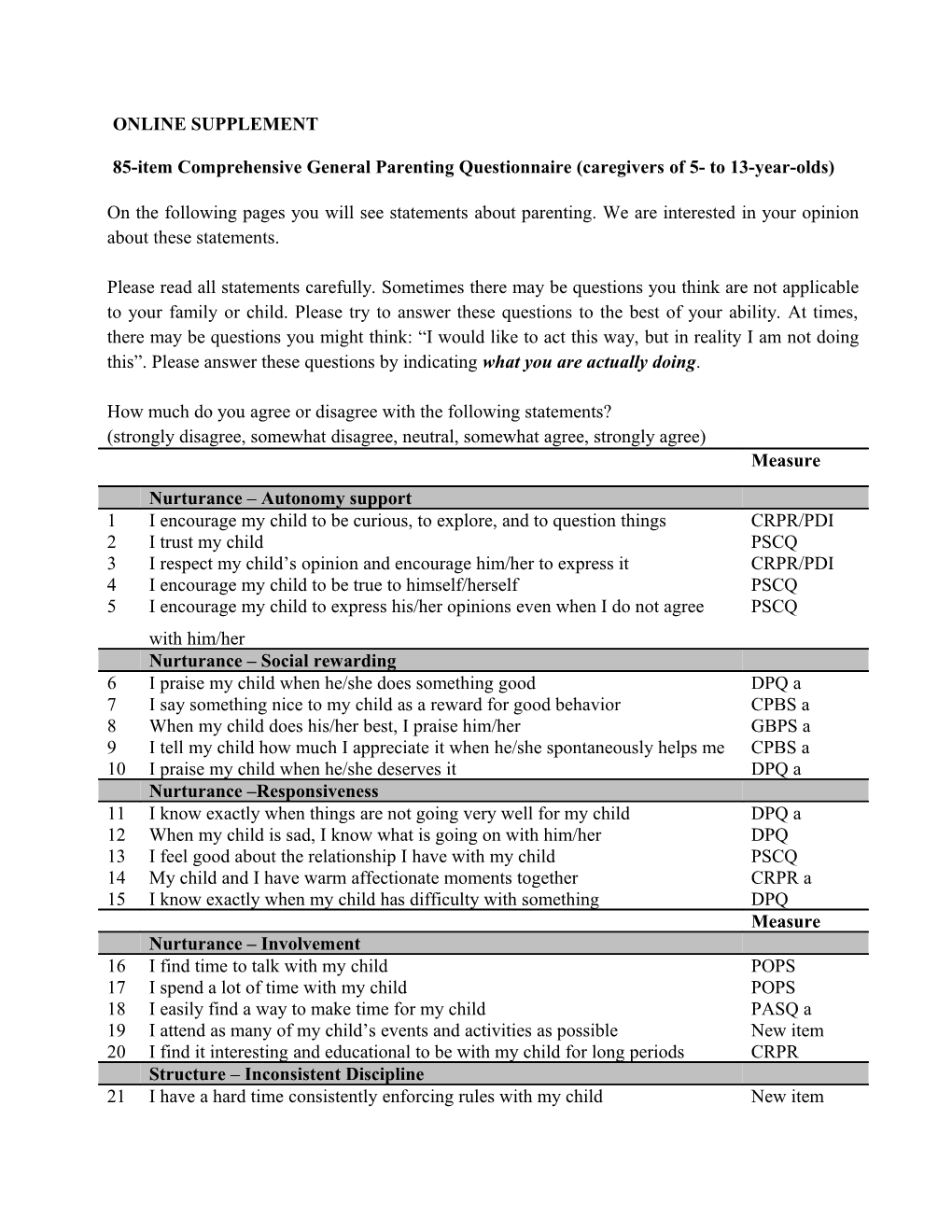 85-Item Comprehensive General Parenting Questionnaire (Caregivers of 5- to 13-Year-Olds)