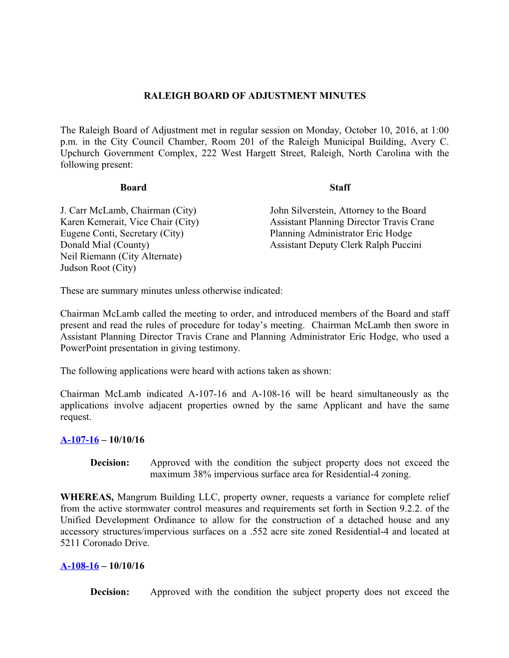 Raleigh Board of Adjustment Minutes - 10/10/2016