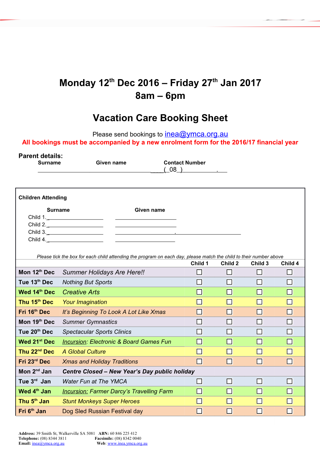 Walkerville YMCA Vacation Care Booking Sheet