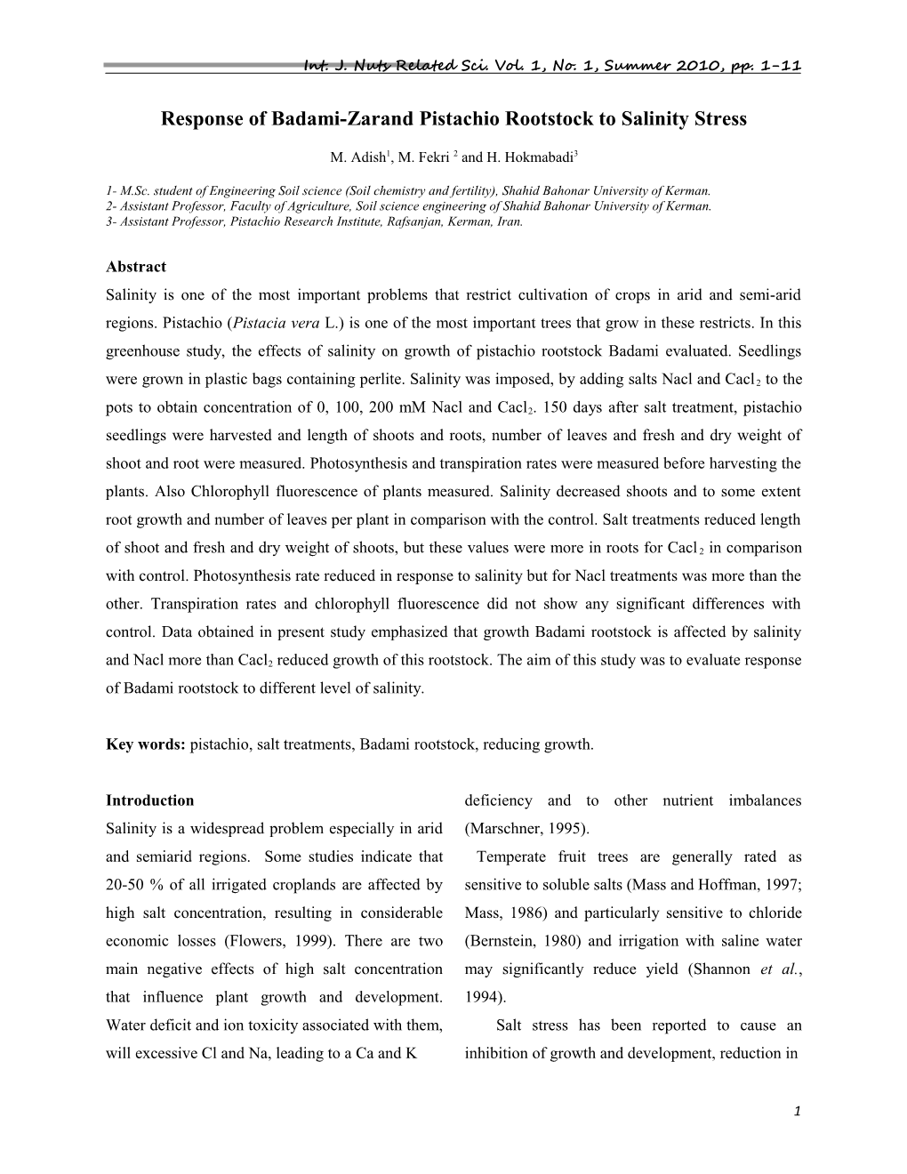 Response of Badami-Zarand Pistachio Rootstock to Salinity Stress