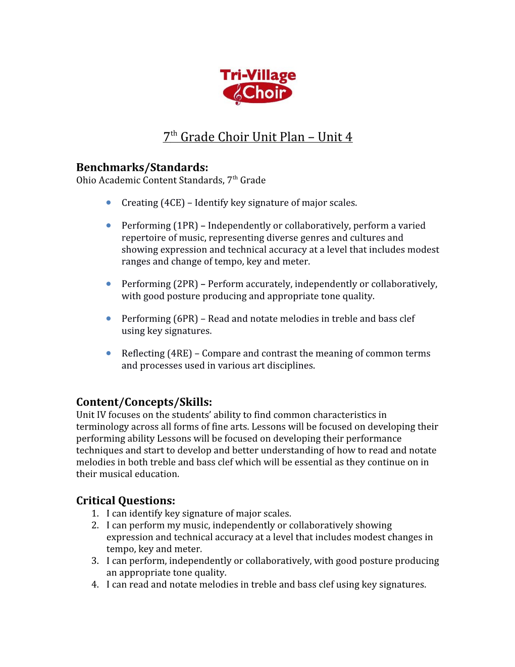 7Th Gradechoir Unit Plan Unit 4