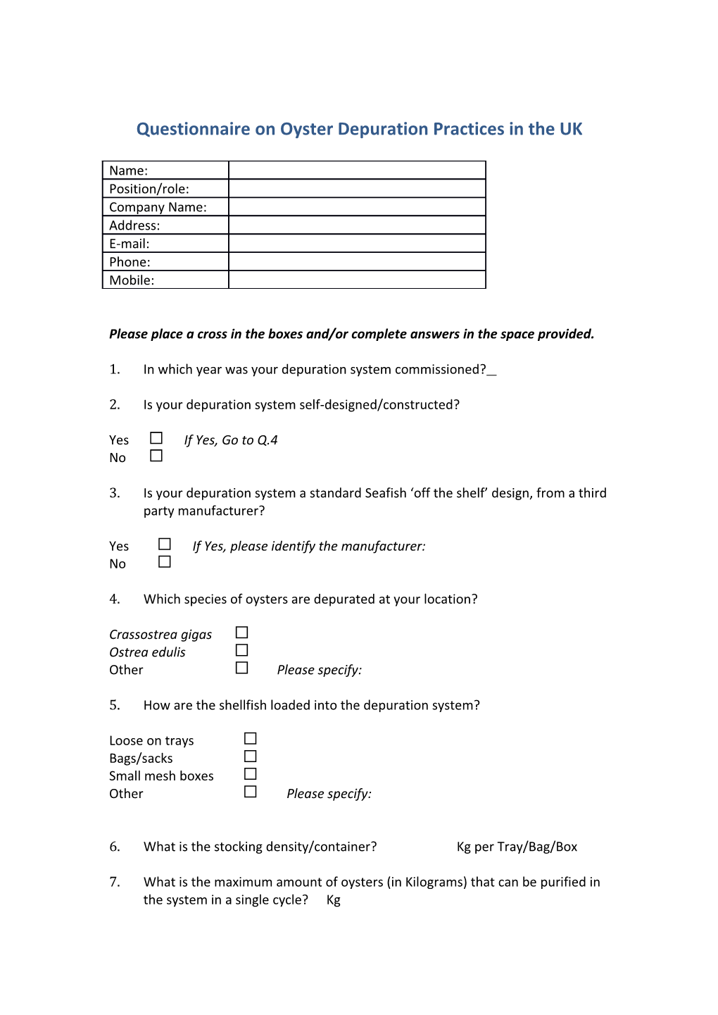 Depuration Systems Questionnaire