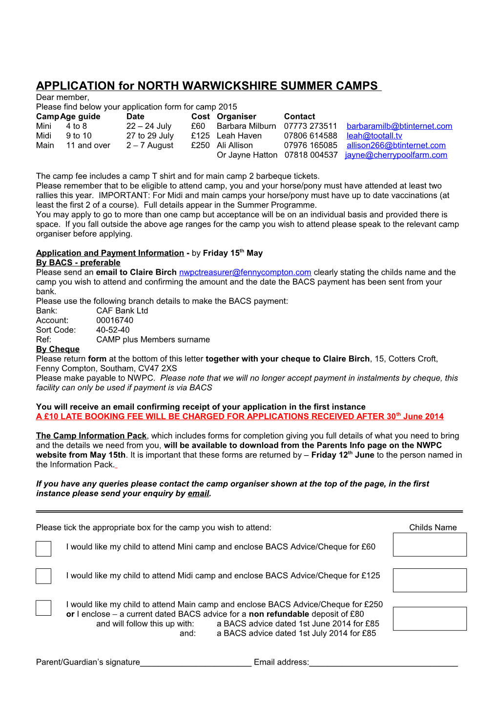 2009 North Warwickshire Camp Application Form