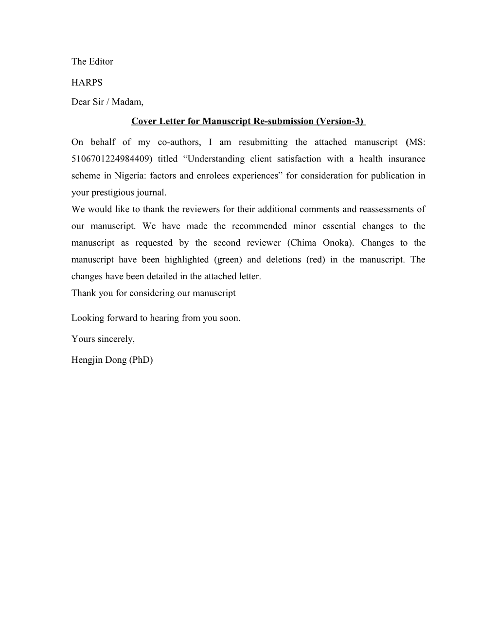 Cover Letter for Manuscript Re-Submission (Version-3)