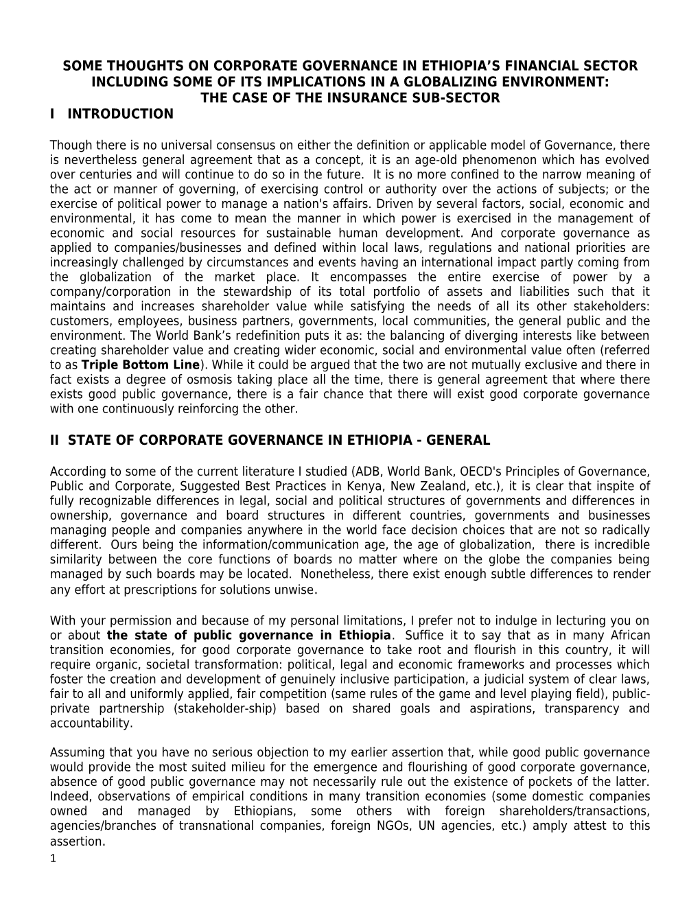 Some Thoughts Oncorporate Governance Inethiopia S Financial Sector