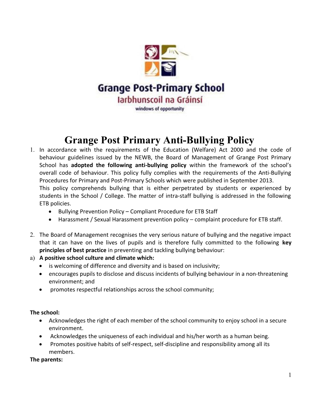 Grange Post Primary Anti-Bullying Policy