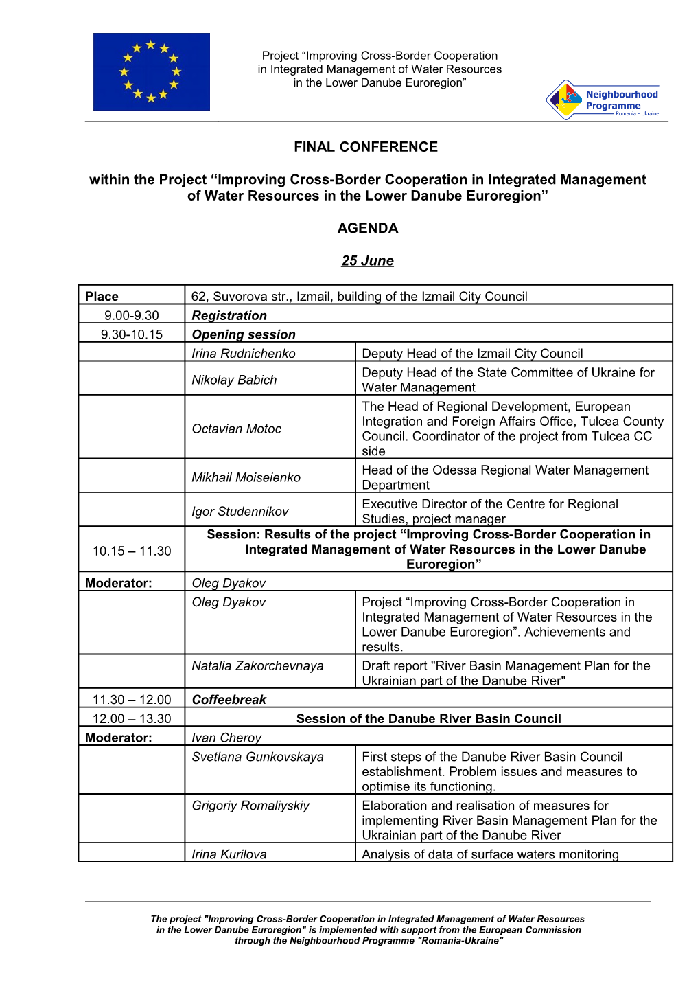 Agenda for Final Conference