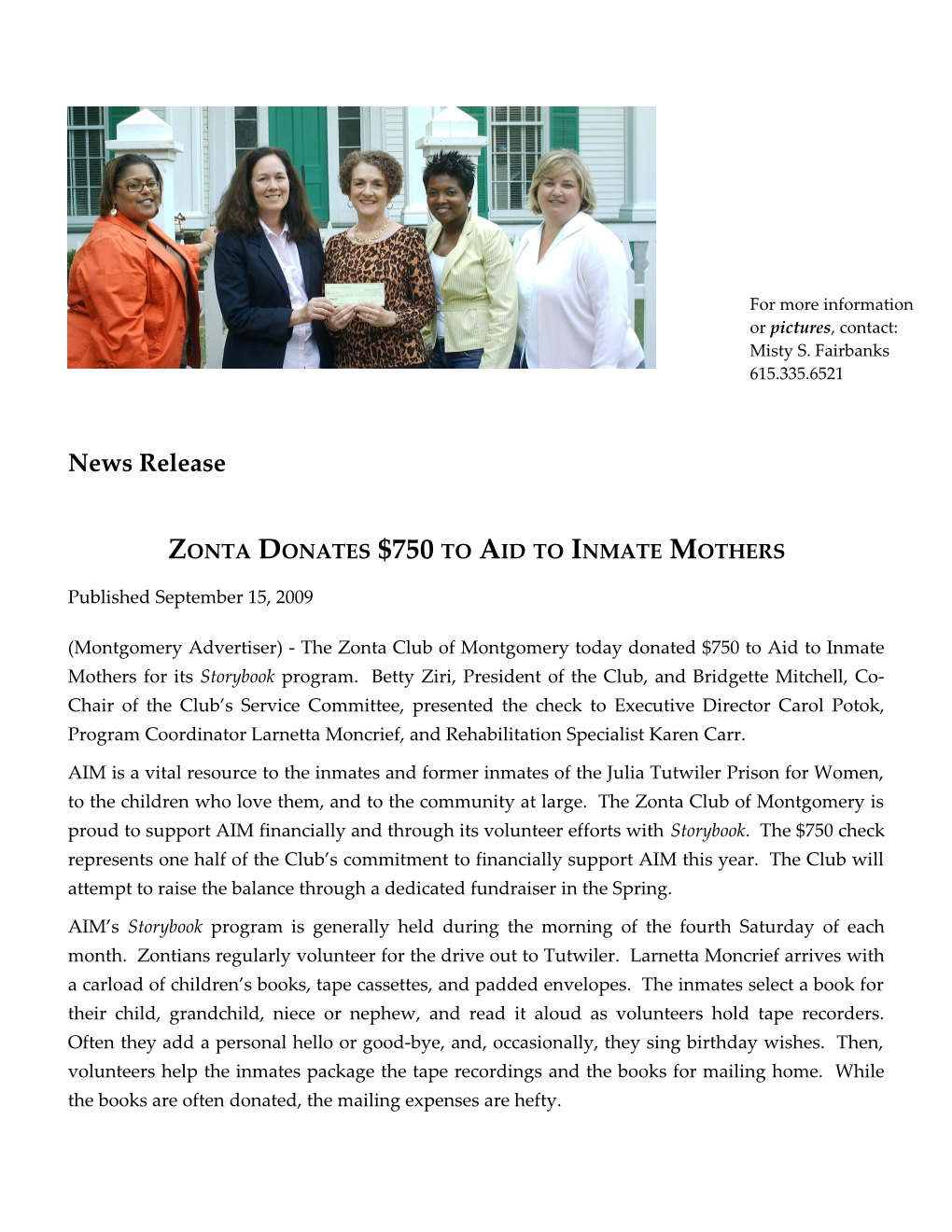 Zonta Donates $750 to Aid to Inmate Mothers