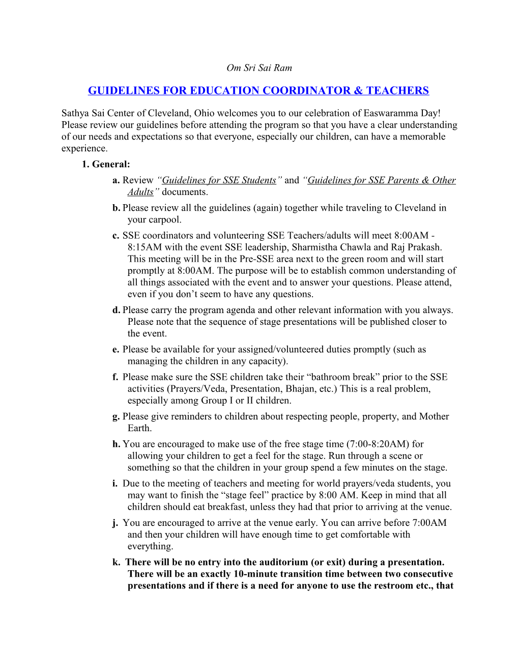 Guidelines for Education Coordinator & Teachers