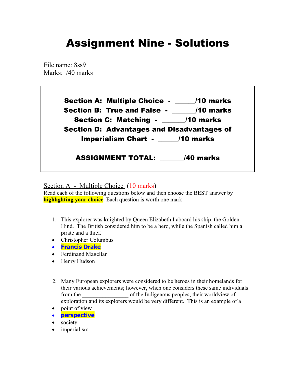 Assignment Nine - Solutions