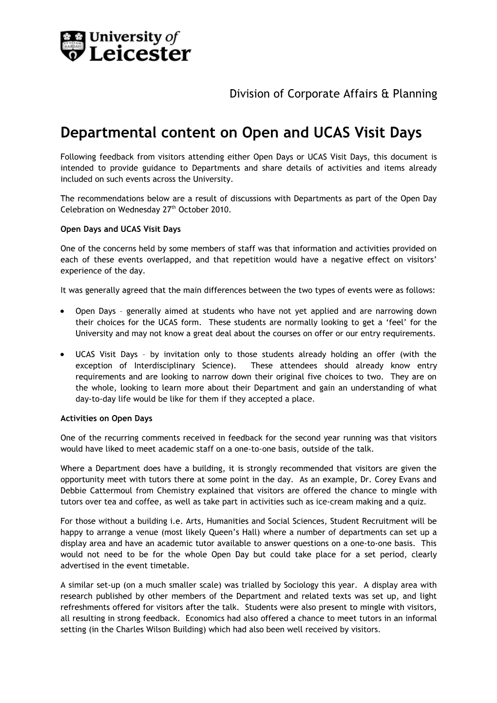 Departmental Content on Open and UCAS Visit Days