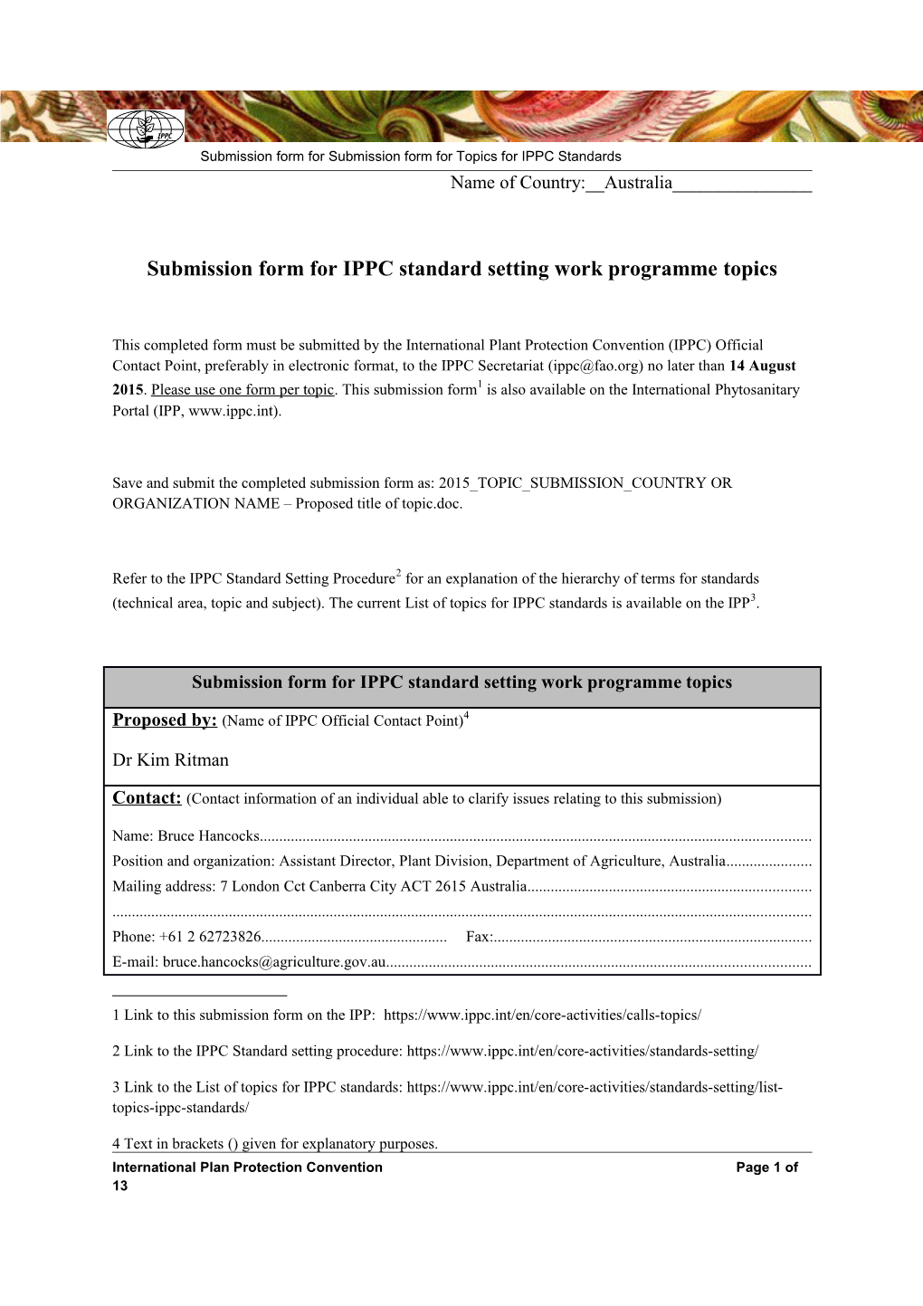 Submission Form for Topics for IPPC Standards